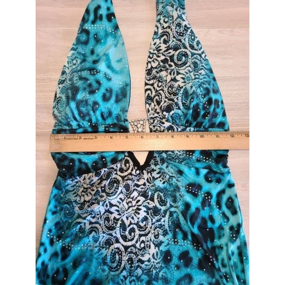 Lipstick Teal Halter Top Womens M Animal Print Rhinestone Sleeveless Blouse - Picture 6 of 8